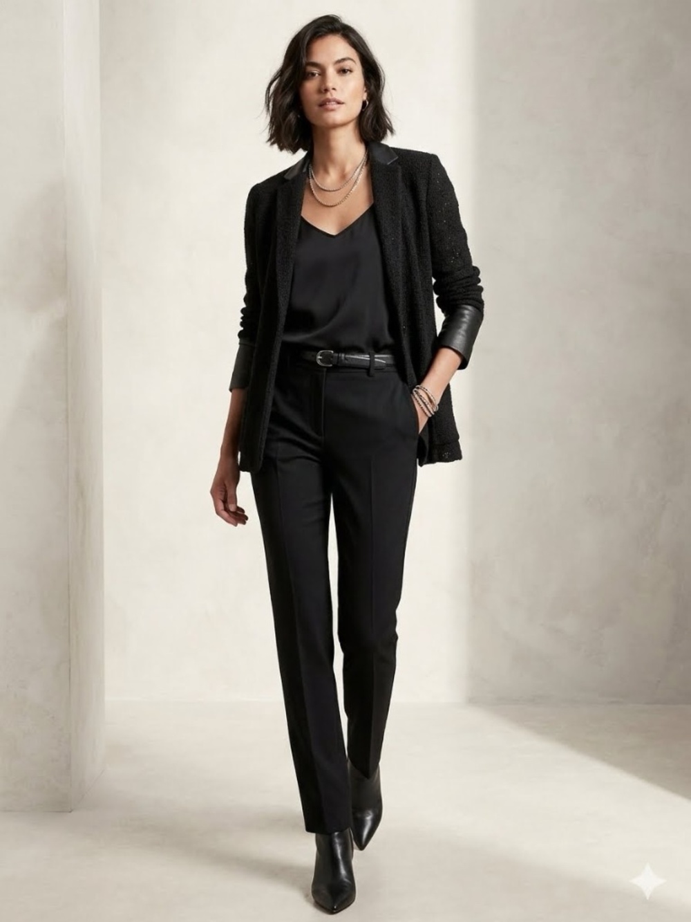 Elie Tahari Black Textured Blazer with Leather Trim